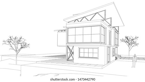 house, architectural sketch, 3d illustration