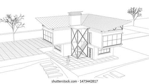 house, architectural sketch, 3d illustration