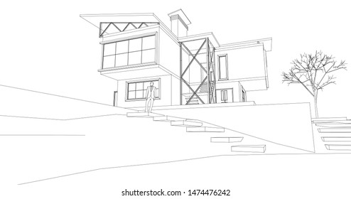 house, architectural sketch, 3d illustration