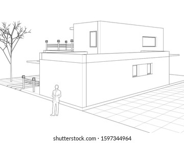 house architectural sketch 3d illustration