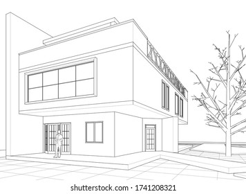 house architectural sketch 3d illustration