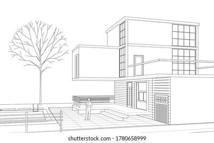 house architectural sketch 3d illustration