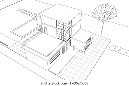 house architectural sketch 3d illustration