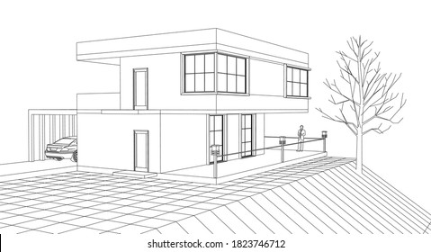 house architectural sketch 3d illustration