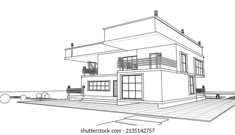 house architectural sketch 3d illustration