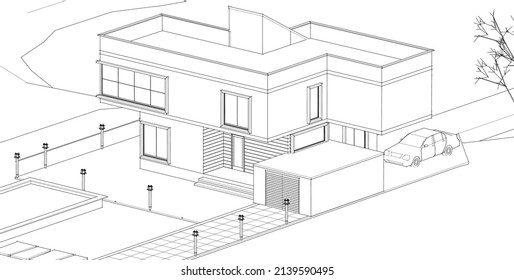 house architectural sketch 3d illustration