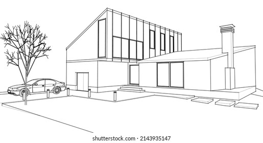 house architectural sketch 3d illustration