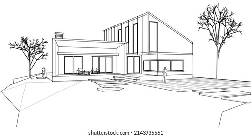 house architectural sketch 3d illustration