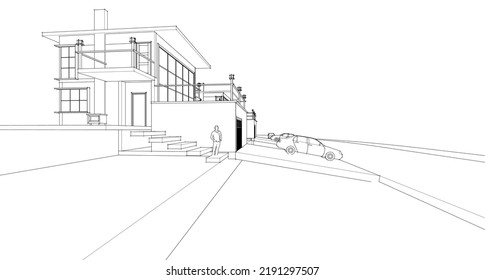 house architectural sketch 3d illustration