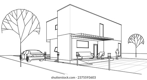 house architectural sketch 3d illustration