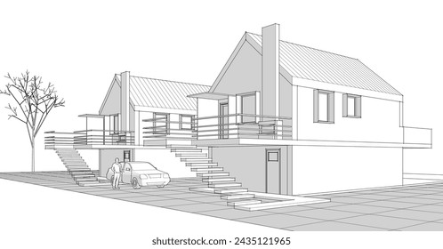 house architectural sketch 3d illustration