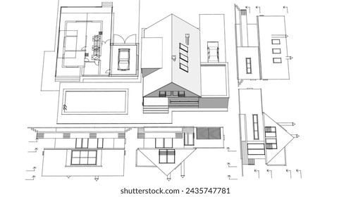 house architectural sketch 3d illustration
