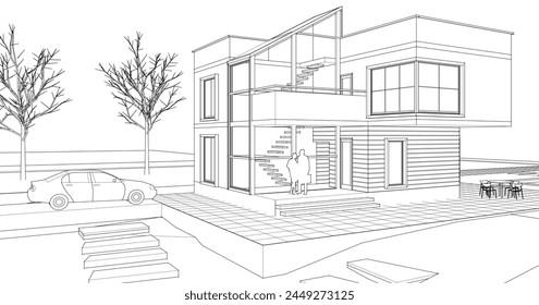 house architectural sketch 3d illustration