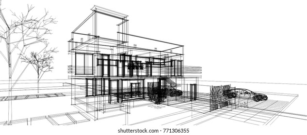 house, architectural sketch, 3d illustration