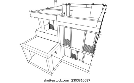 Gebäude mit Gebäudearchitektur 3D-Zeichnung, Vektorgrafik