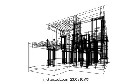 House architecture building 3d drawing vector illustration