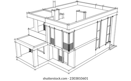 House architecture building 3d drawing vector illustration