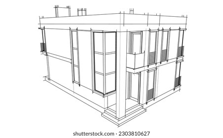 House architecture building 3d drawing vector illustration