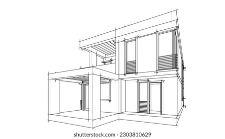 House architecture building 3d drawing vector illustration