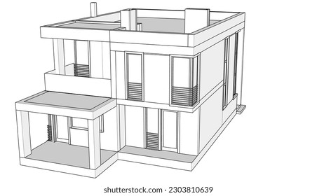 House architecture building 3d drawing vector illustration