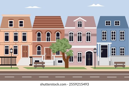 House architecture building illustration. Classic house. Collection of european house. Set of european. Real estate. American home design. Art deco. Cottage houses. Front door home. House with street