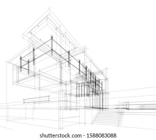 house architecture drawings 3d illustration