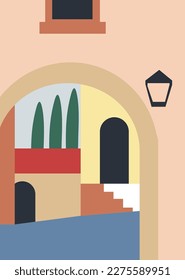 House architecture, exterior and facade elements, arch with landscape of street. Pine trees and stairs, lantern and window. Mediterranean, Spanish or Italian village or town. Vector in flat style