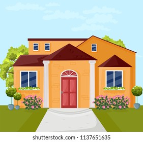 House architecture facade Vector. Colorful cartoon style illlustrations