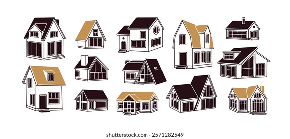 House architecture. Residential home building exteriors, facades set. Suburban constructions, realty with gabled roofs. Real estate, property. Flat vector illustration isolated on white background