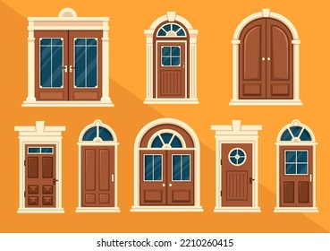 House Architecture with Set of Doors and Windows Various Shapes, Colors and Sizes in Template Hand Drawn Cartoon Flat Background Illustration