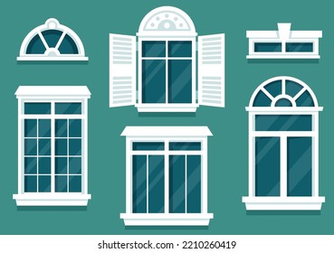 House Architecture with Set of Doors and Windows Various Shapes, Colors and Sizes in Template Hand Drawn Cartoon Flat Background Illustration