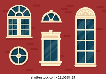 House Architecture with Set of Doors and Windows Various Shapes, Colors and Sizes in Template Hand Drawn Cartoon Flat Background Illustration