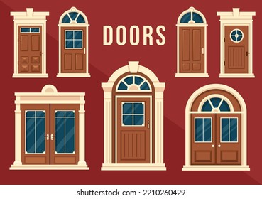 House Architecture with Set of Doors and Windows Various Shapes, Colors and Sizes in Template Hand Drawn Cartoon Flat Background Illustration