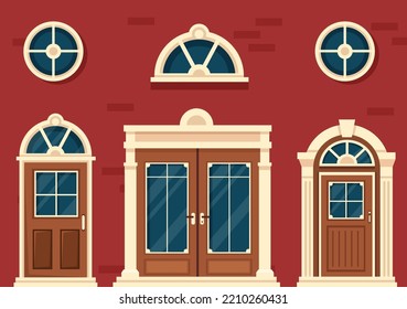 House Architecture with Set of Doors and Windows Various Shapes, Colors and Sizes in Template Hand Drawn Cartoon Flat Background Illustration