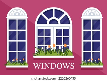 House Architecture with Set of Doors and Windows Various Shapes, Colors and Sizes in Template Hand Drawn Cartoon Flat Background Illustration