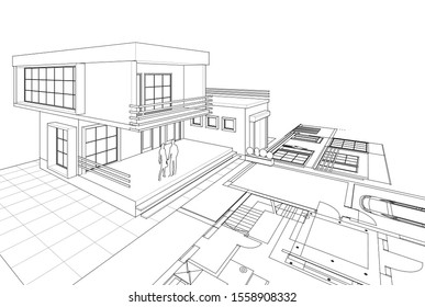 
house architecture sketch 3d illustration