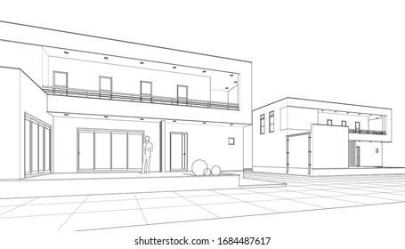 house architecture sketch 3d illustration