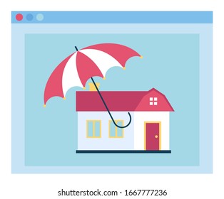 House architecture symbol under opened parasol webpage. dwelling object and colorful parasol accessory isolated on blue web icon. Home construction and shelter vector
