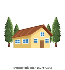 house around pine trees icon over white background, vector illustration