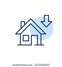 House and arrow down. Real estate prices, housing market and mortgage rates declining. Pixel perfect, editable stroke icon