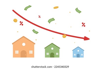 Casa con un gráfico de flecha hacia abajo. El mercado inmobiliario está cayendo. Precios bajos. Ilustración vectorial plana