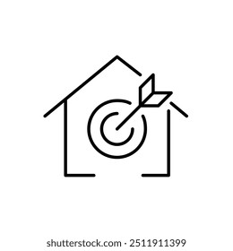 Casa com seta acertando o alvo. Pesquisa imobiliária bem-sucedida. Escolha perfeita para residência ou investimento. Ícone de vetor perfeito de pixel