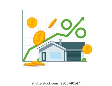 House  and arrow pointing up. Increasing home loan interest rates on real estate, investments, growth. Modern vector illustration in flat style