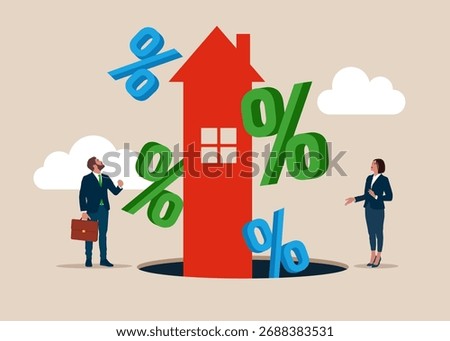 House and arrow pointing up. Increasing home loan interest rates. Mortgage, investment, residential finance economy, home property investment, saving money. Flat vector illustration.