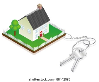 House attached to keys as keyring. Concept for new house purchase, mortgage etc.