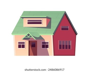 Casa con ático. Edificio exterior, suburbano inmobiliario. Ilustración delantera isométrica de Vector aislada. Casa de pueblo o pueblo de dibujos animados, fachada de la casa con mansarda, techo verde, puerta y ventanas