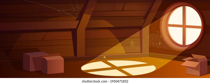 House attic interior, empty old mansard room with round window and carton boxes. Spacious place with spider web on roof with beams, wood floor, architecture, dwelling. Cartoon vector illustration