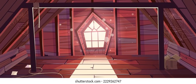 House attic interior, empty old mansard room with arched gothic window and spider webs. Spacious light place on roof with wooden beams, wood floor, architecture, dwelling. Cartoon vector illustration