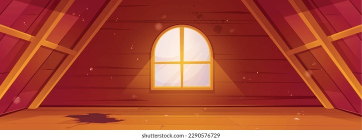 House attic interior with wooden beams, floor and window. Empty old abandoned garret room with large window and broken wood floor, vector cartoon illustration