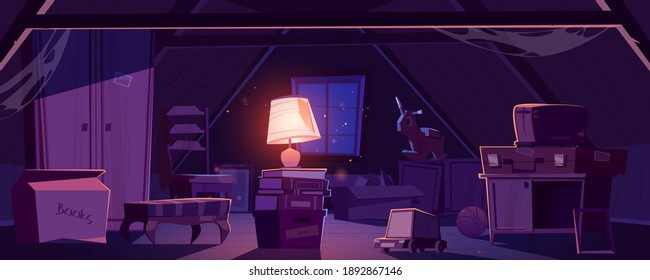 House attic at night, storage of old furniture and items under roof. Vector cartoon interior of dark attic room with vintage chair, broken closet, toaster, glowing lamp and cardboard box with books